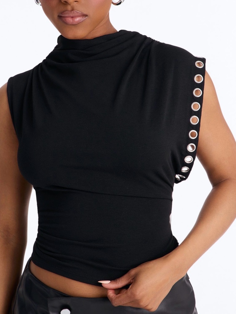 Mock Neck Grommet Short Sleeve Top